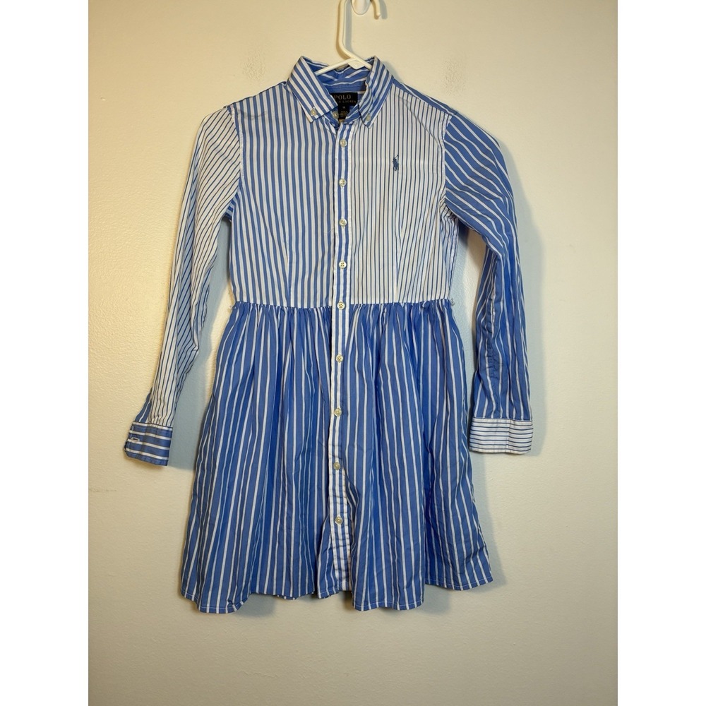 polo ralph lauren Long Sleeve Shirt Dress Girls‎ Sz 10 Blue/white Stripes Cotton